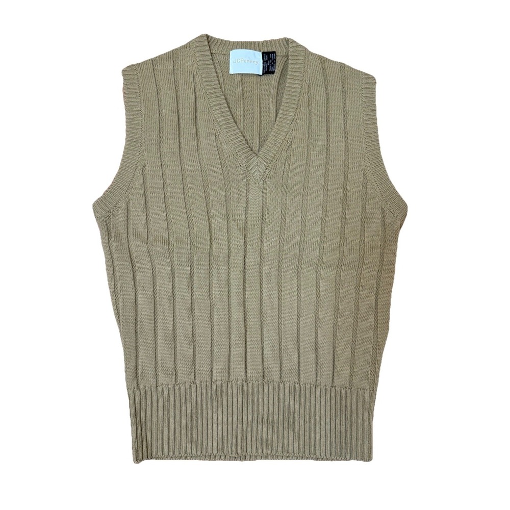 Vintage 70s 80s Men's Sweater Vest JcPenney Tan V-Neck Virgin Acrylic Rib Knit M